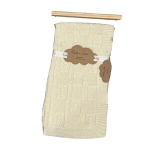 Made In India Knit Baby Blanket Ivory 100% Cotton Crochet Like Detail New